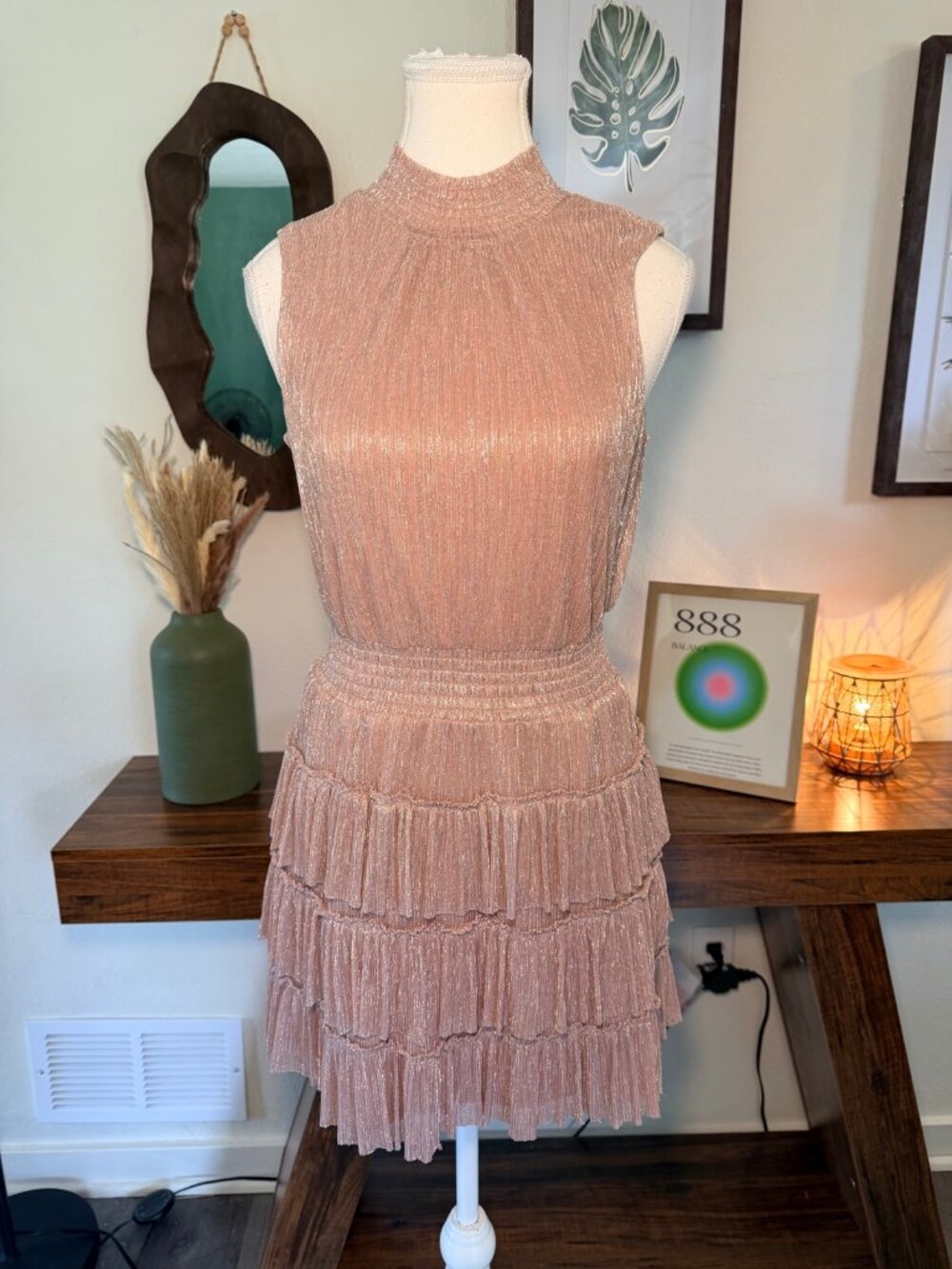 Metallic Smocked Tiered Dress Mock Neck Party Holiday Shimmer XS